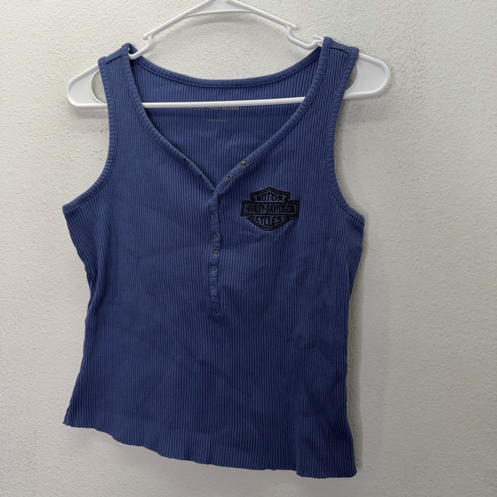 Harley-Davidson Motorcycles Biker Tank Top Cropped Ribbed Blue Women's S Logo